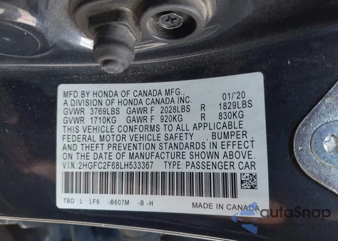 2020 Honda Civic Lx z USA, uszkodzony, nr VIN 2HGFC2F68LH533367